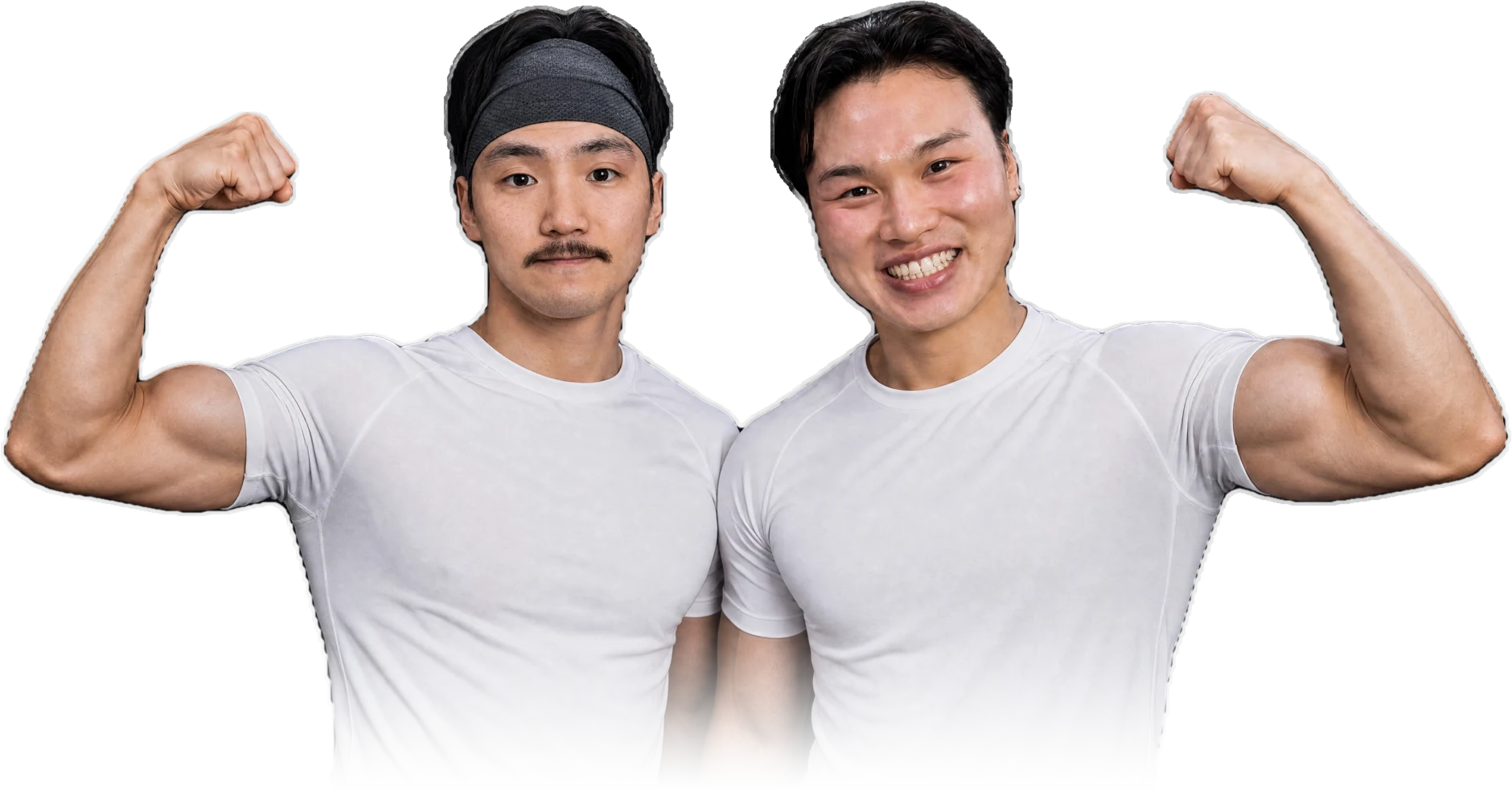 Two training partners standing shoulder to shoulder, both flexing
